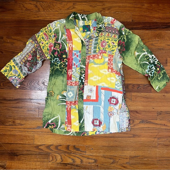 Vintage Jams World Casual Button Front Shirt Womens Small Green Floral Patchwork - Picture 5 of 10
